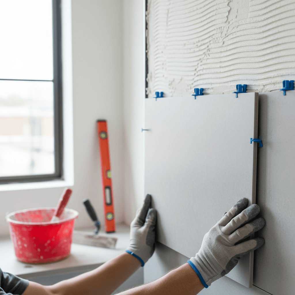 Professional tile installation work on bathroom wall