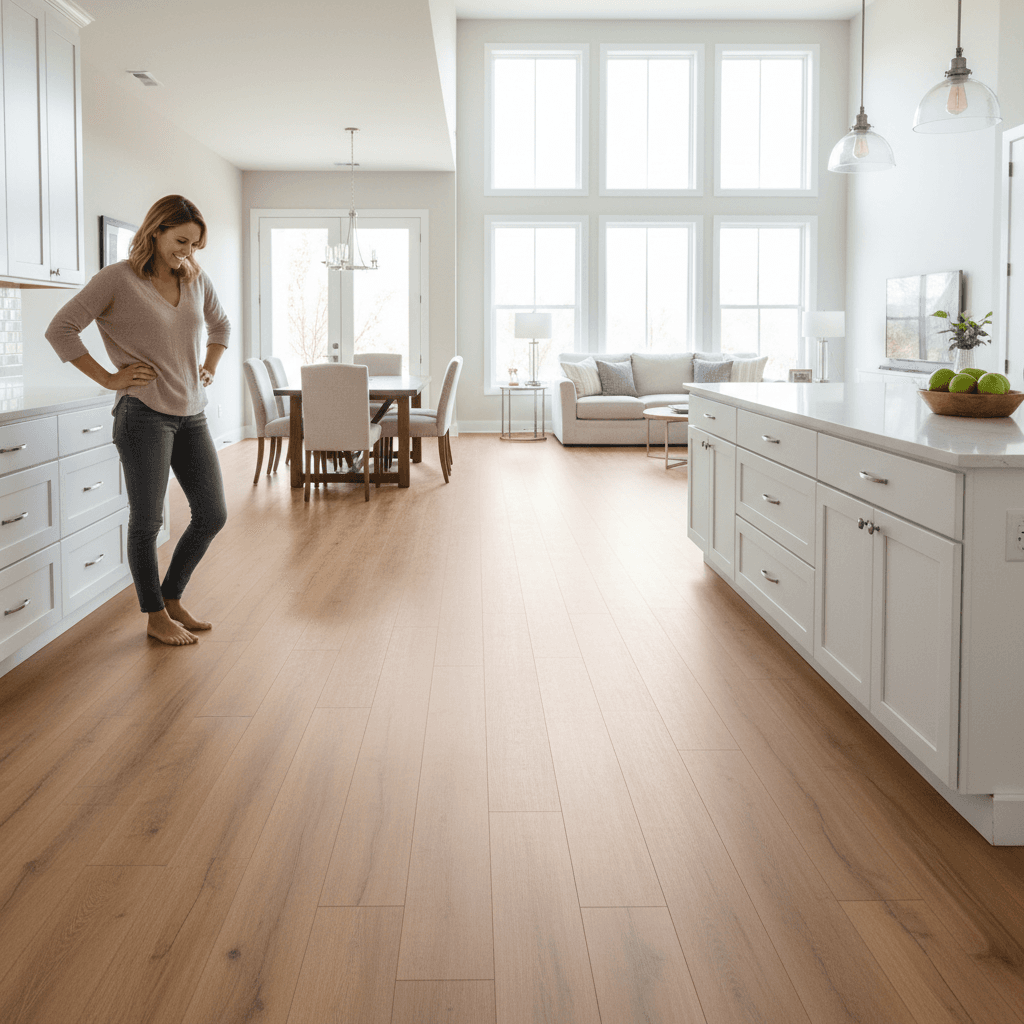Newly installed luxury vinyl plank flooring throughout kitchen and living area
