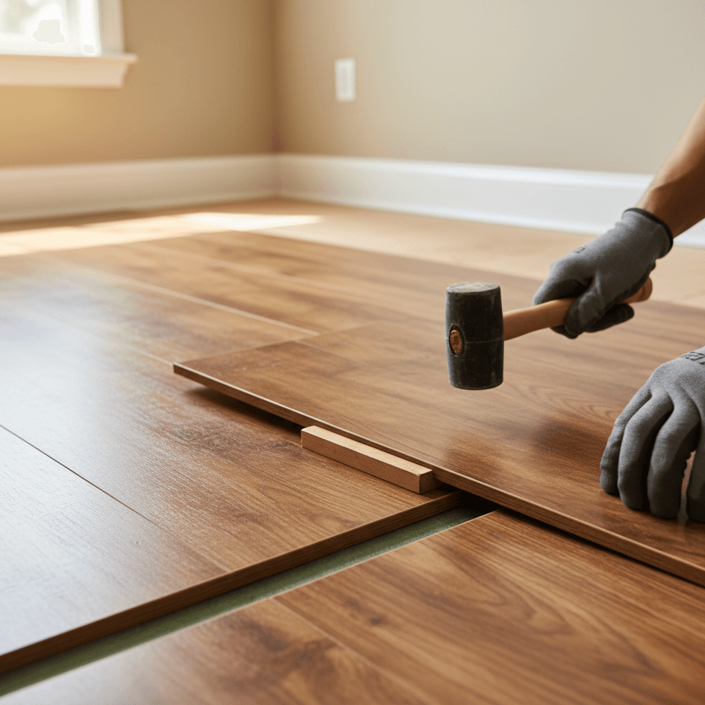 Laminate flooring installation showing professional plank placement and detail work
