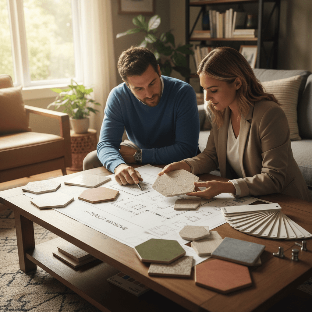 Bathroom design consultation with samples and planning