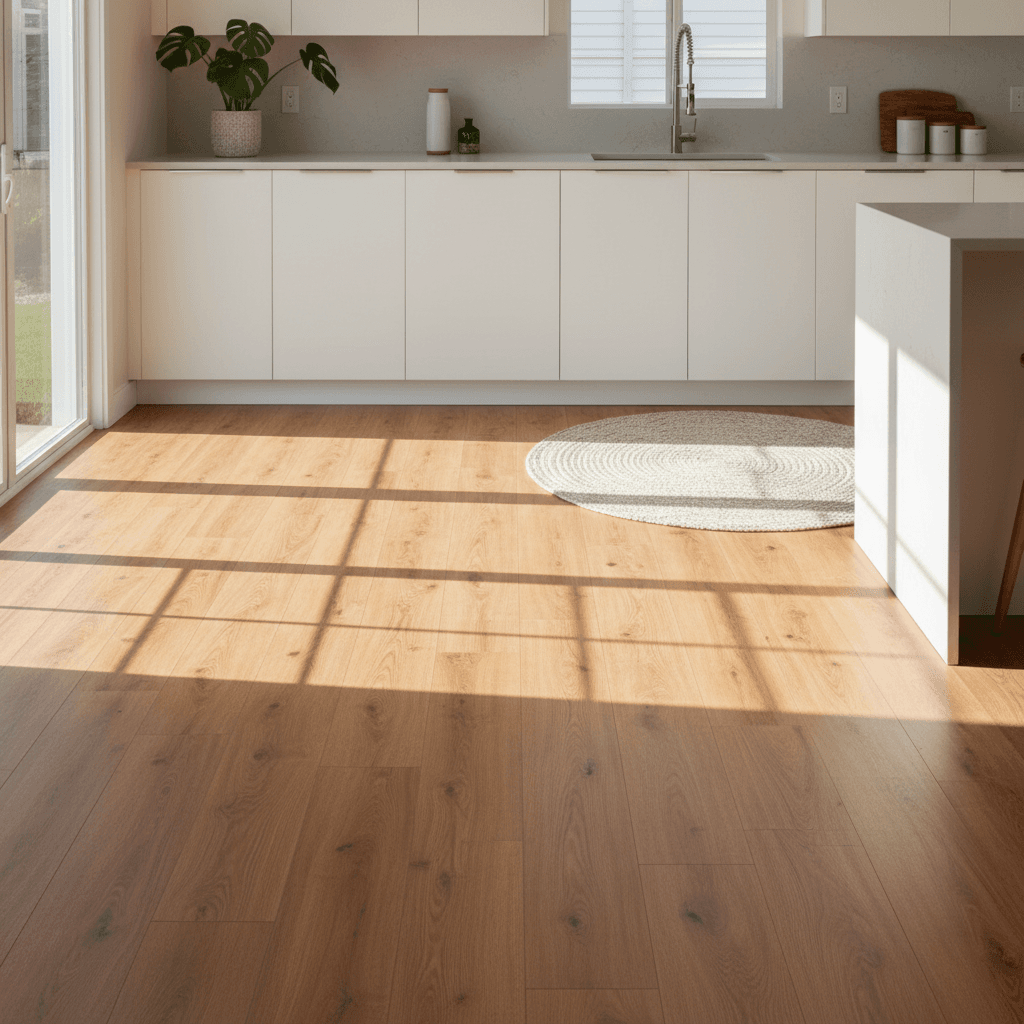 Luxury vinyl plank flooring installed in modern residential kitchen