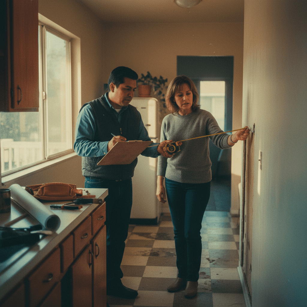 In-home flooring estimate consultation with homeowner and measurements