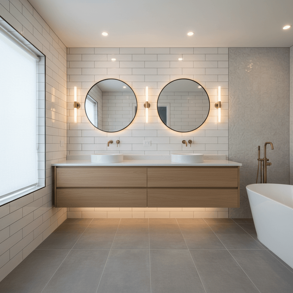 Completed bathroom remodel with new fixtures and tile