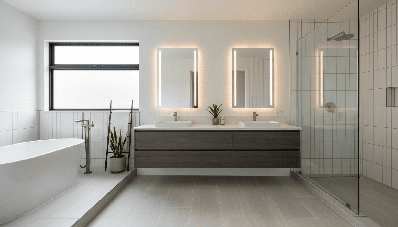 Completed bathroom remodel with new tile flooring and updated fixtures