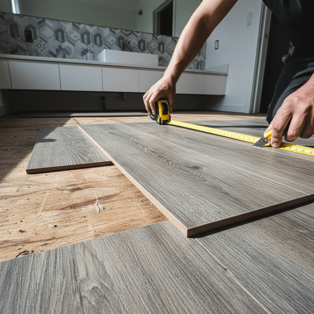 Luxury vinyl plank bathroom flooring installation with detailed seam work