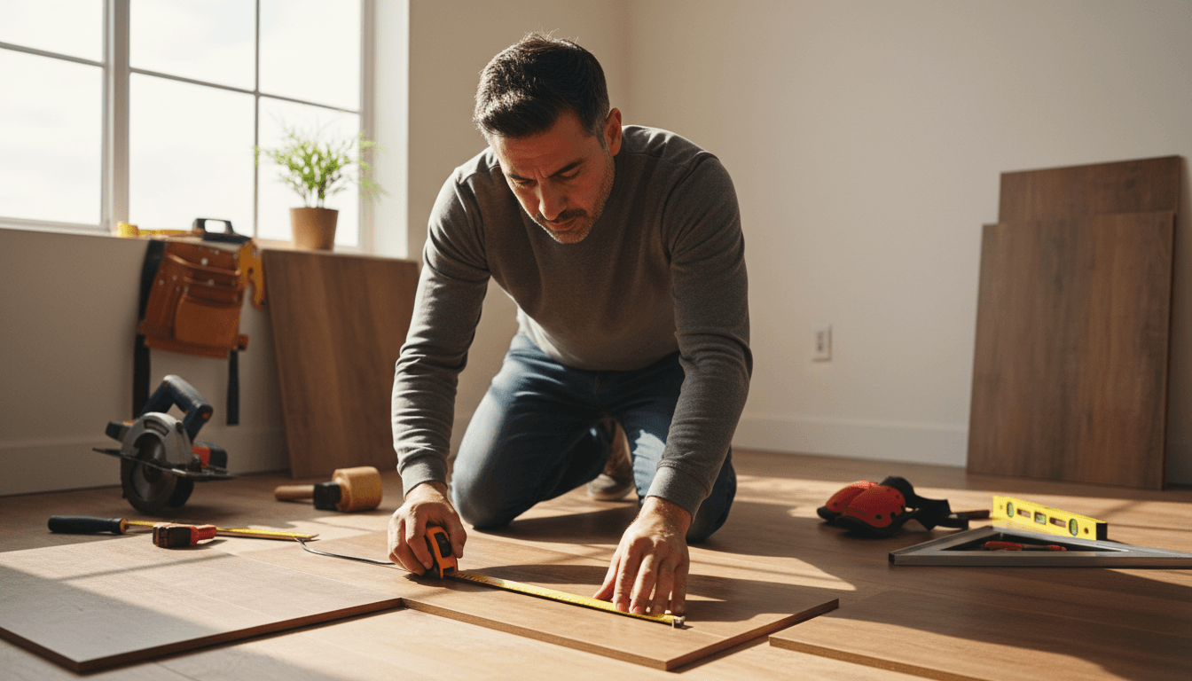 Alvaro Sorto measuring and marking flooring for installation in a Jacksonville home