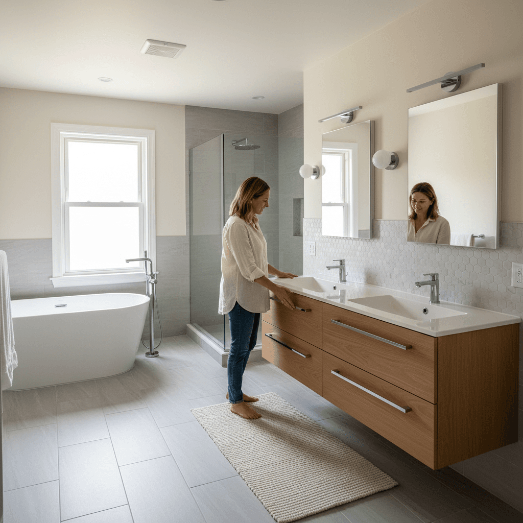 Completed bathroom remodel featuring new flooring, vanity, and tile work