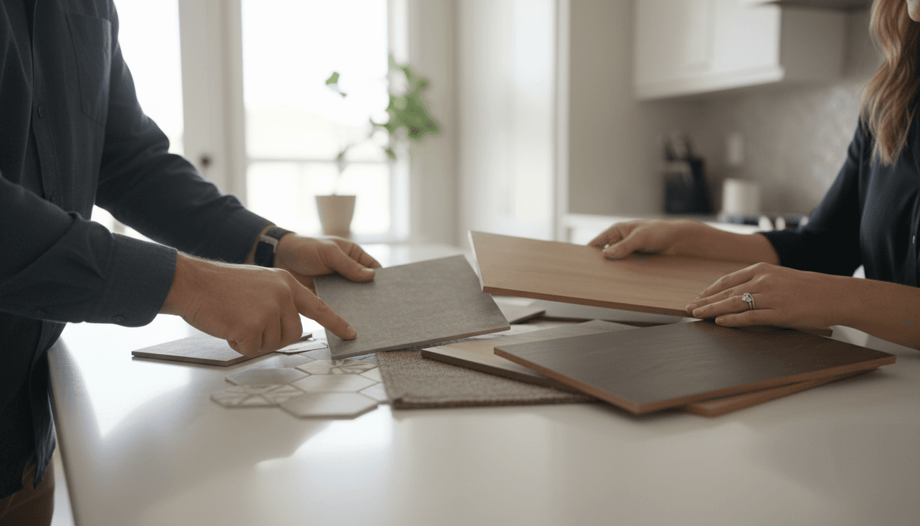 Homeowner and contractor reviewing flooring and tile samples together during consultation