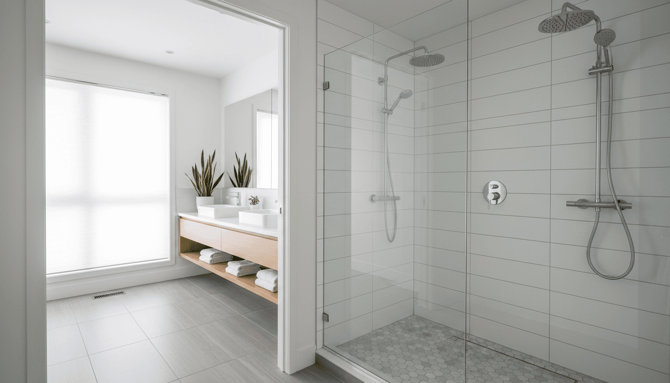 Completed modern bathroom with new walk-in shower, tile surround, and contemporary fixtures in bright natural light