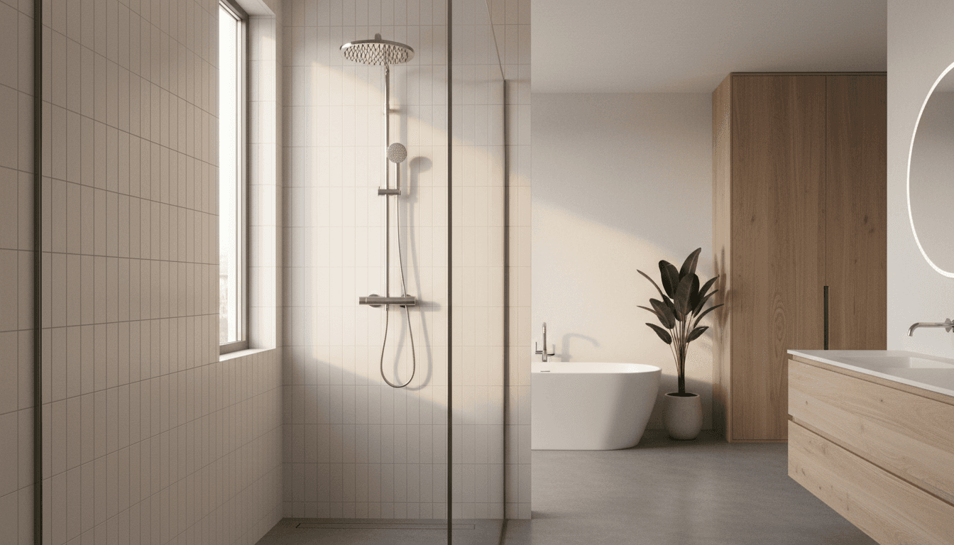 Upscale master bathroom with wall-mounted rainfall shower system, glass enclosure, and minimalist white tile design featuring premium chrome fixtures