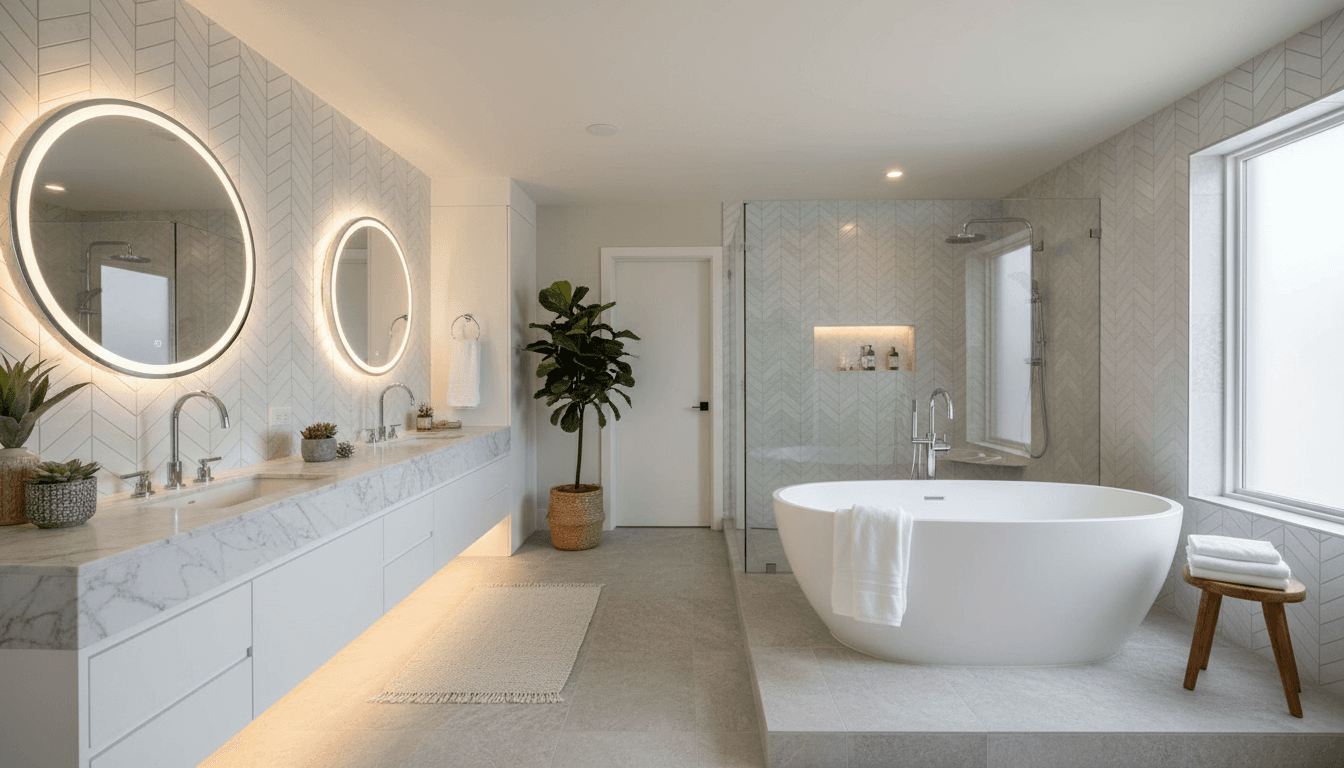 Elegant renovated master bathroom with freestanding tub, marble vanity, and geometric tile work in spa-like setting